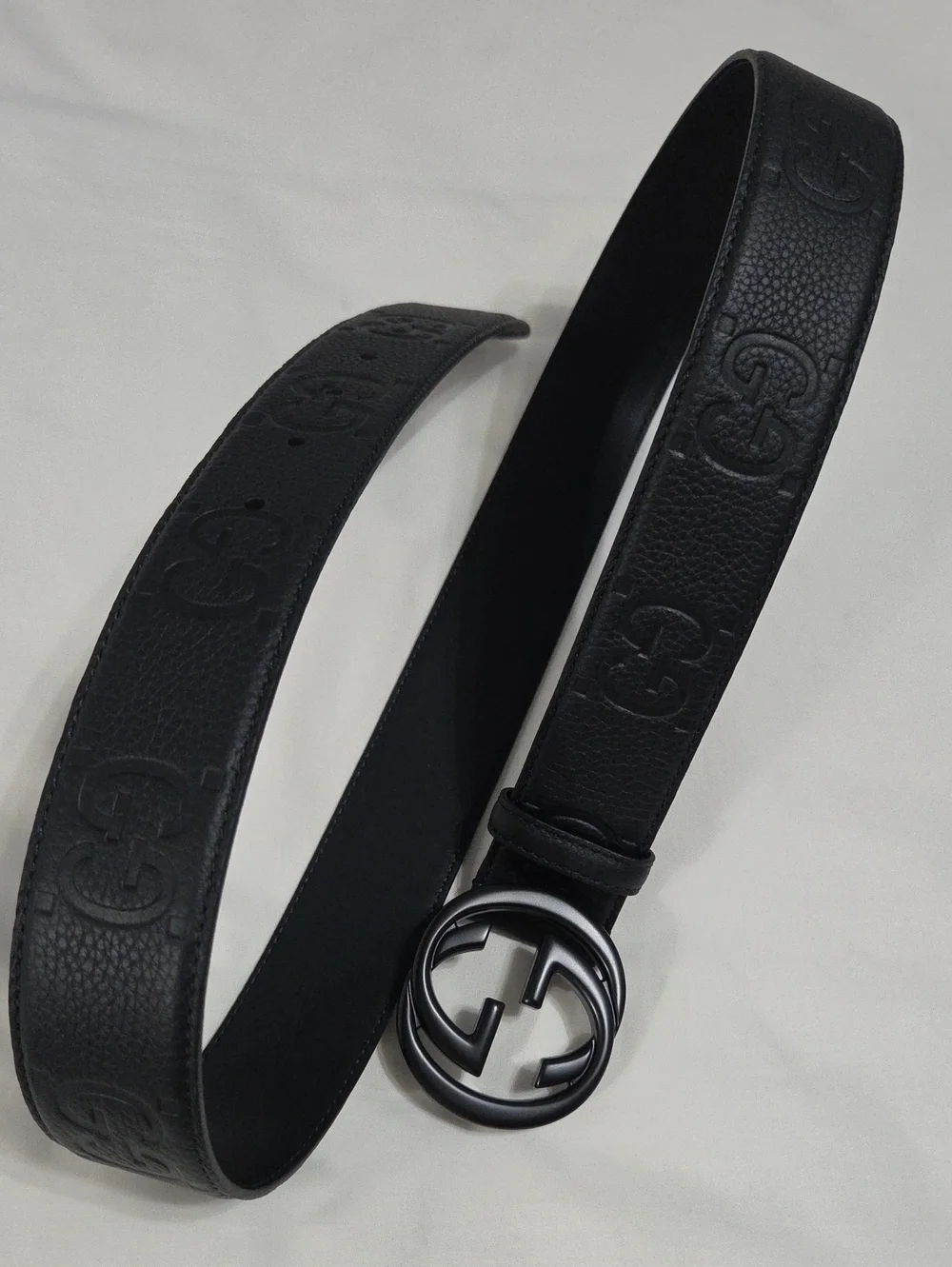 Gucci Black Leather Monogram Belt Black Double GG Buckle